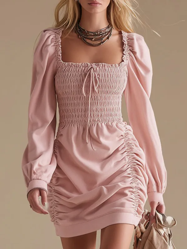 Square-neck Shirred Long-sleeved Mini Dress sold by Oyrosy