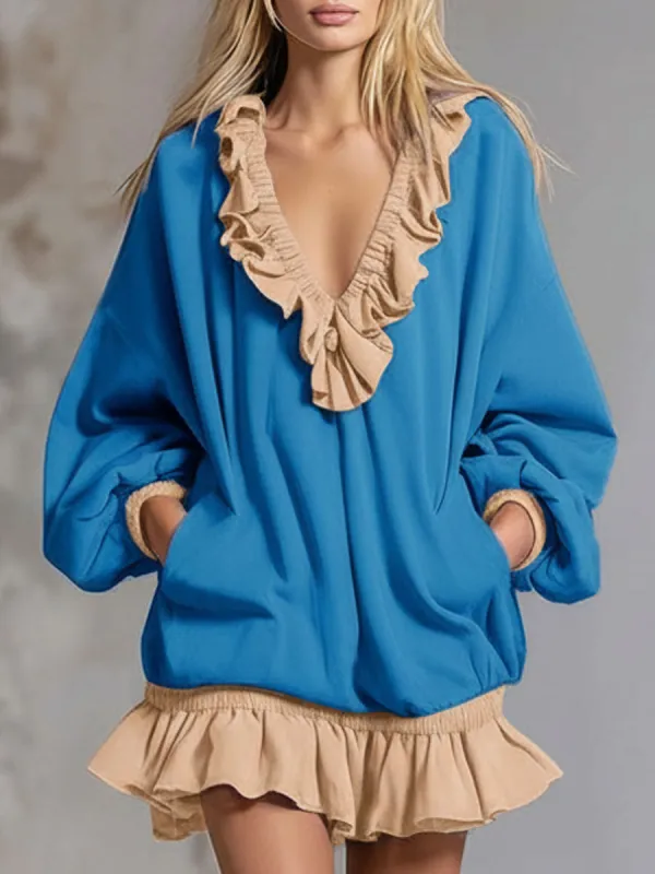 Sporty Color-blocked Ruffled V-neck Long-sleeved Mini Dress sold by Oyrosy