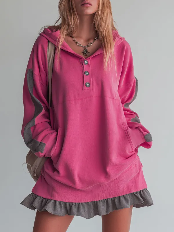 Sporty Color-blocked Ruffled Half-zip Hooded Long-sleeved Mini Dress sold by Oyrosy