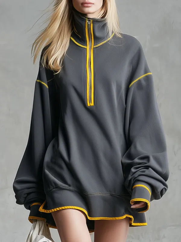 Sporty Color-block Half-zip Neckline Long-sleeved Mini Dress sold by Oyrosy