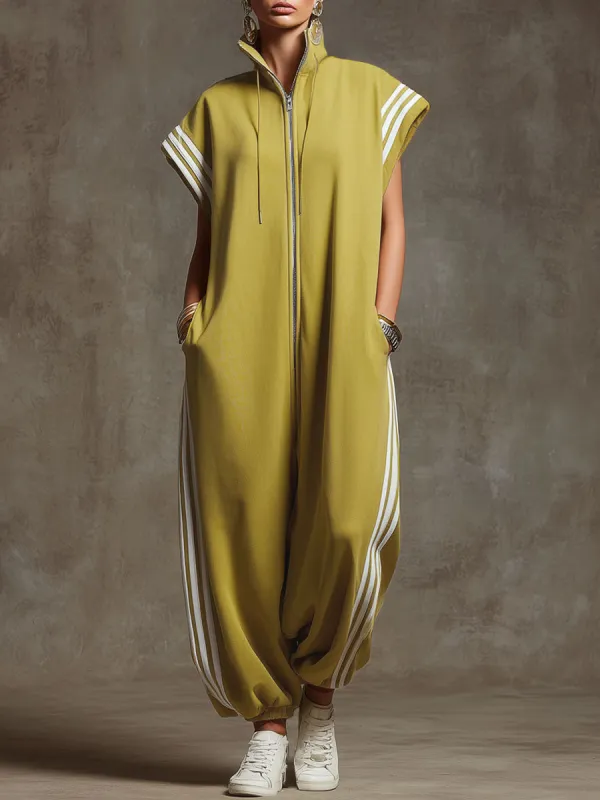 Casual Sports White Webbing Yellow-green Sleeveless Jumpsuit made by Oyrosy