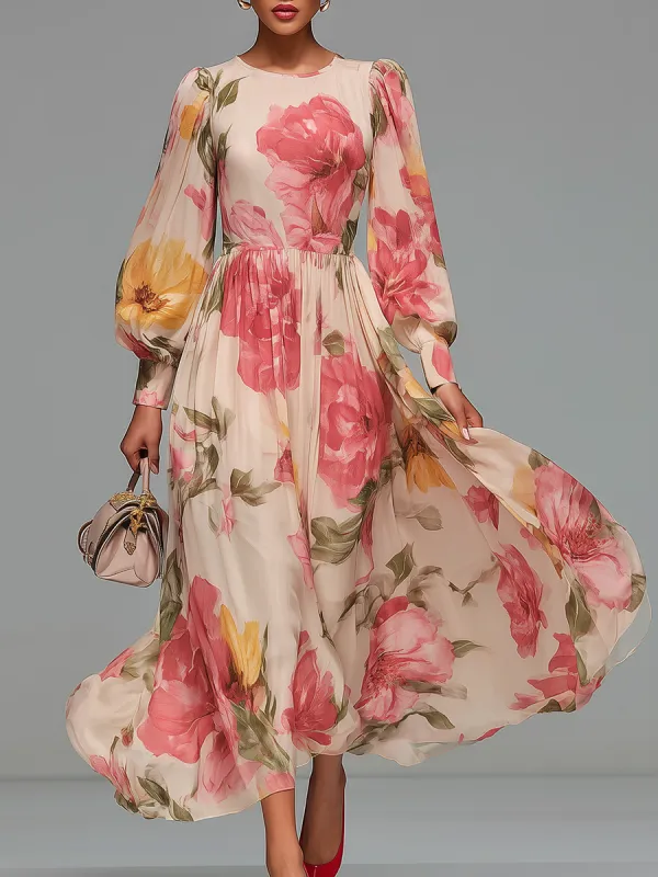 Elegant And Charming Vintage Floral Print Chiffon Midi Dress sold by Oyrosy