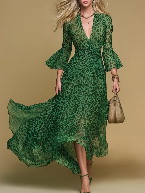 Elegant And Retro V-neck Leopard Print Chiffon Midi Dress sold by Oyrosy