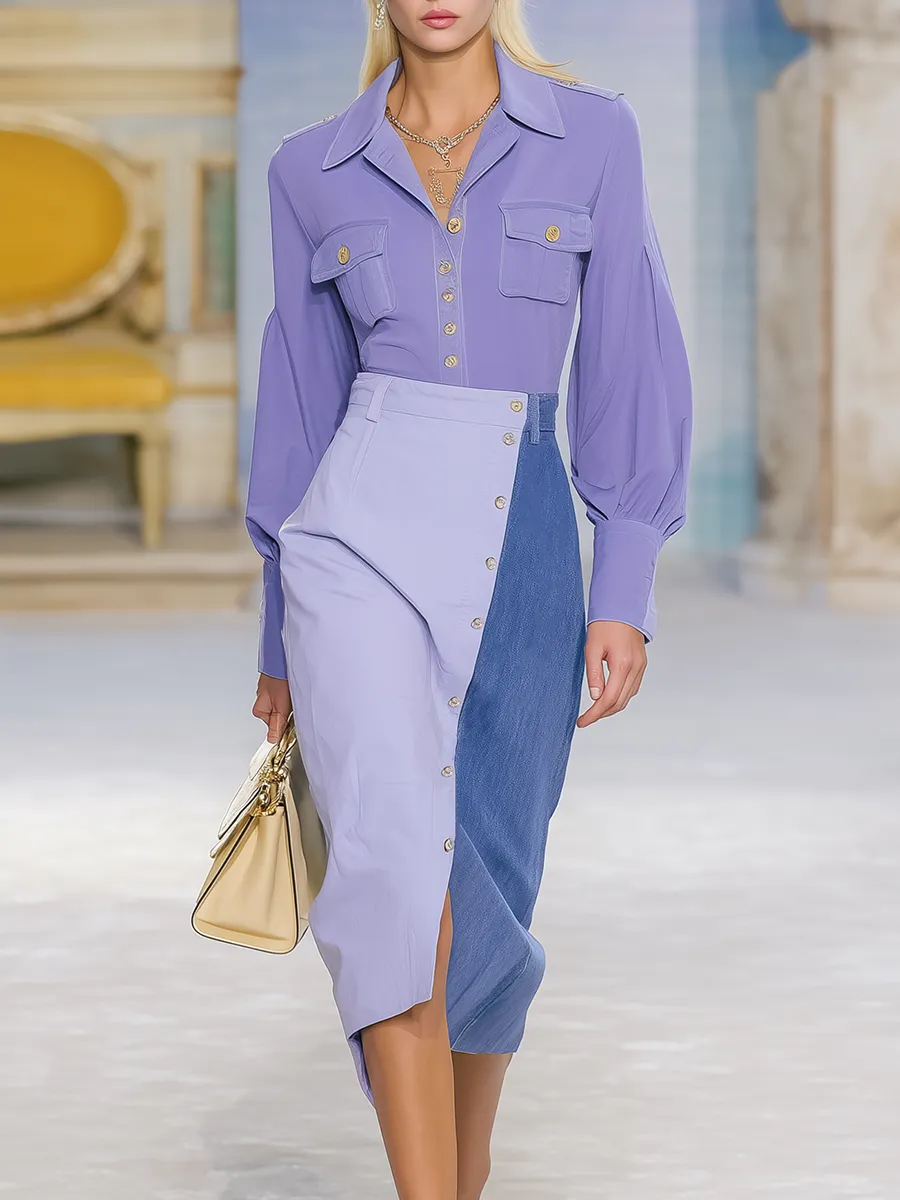 Stylish V-neck Long-sleeved Shirt And Denim Patchwork Skirt Set sold by Oyrosy