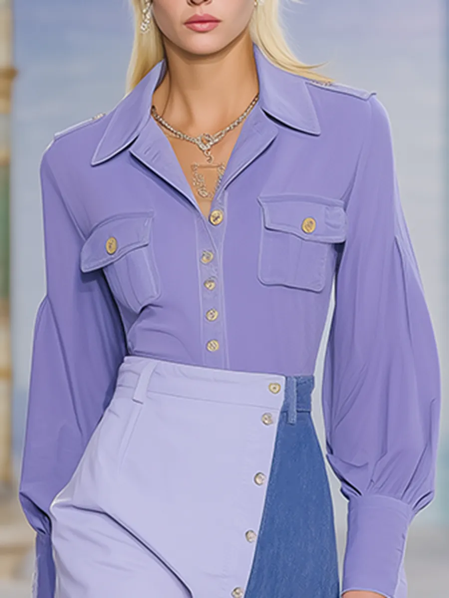 Stylish V-neck Long-sleeved Shirt And Denim Patchwork Skirt Set sold by Oyrosy product image thumbnail 3