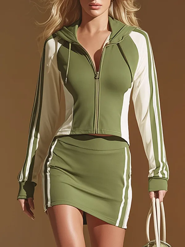 Sporty Style White And Green Hooded Zip-up Cotton Top And Skirt Set sold by Oyrosy