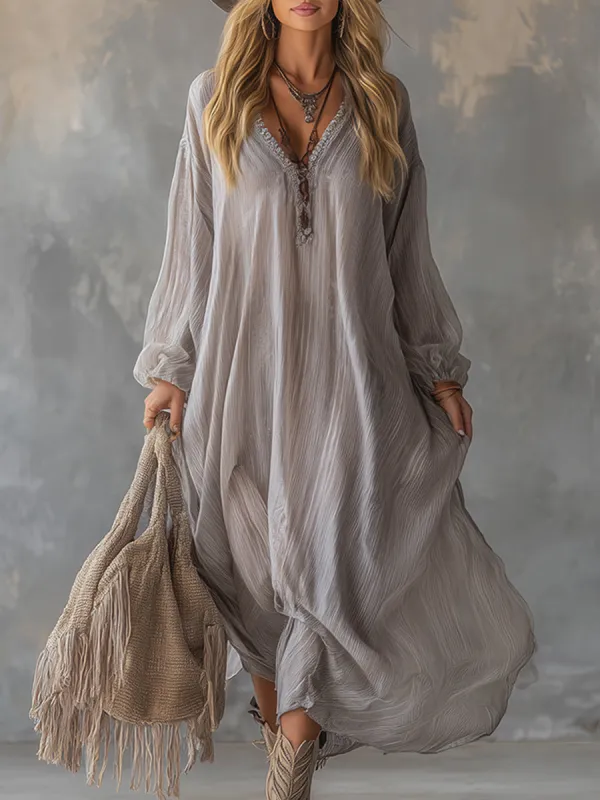 Lazy And Elegant V-neck Light Gray Crinkled Chiffon Maxi Dress sold by Oyrosy
