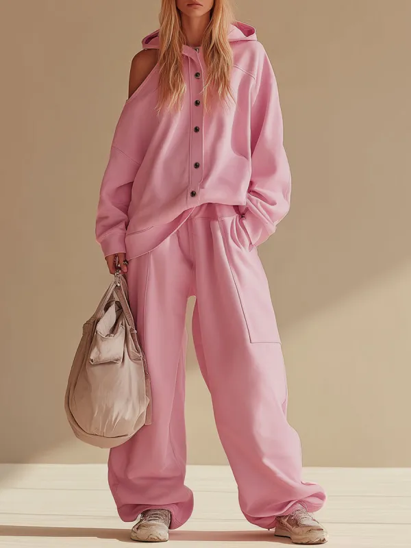 Loose-fitting Hooded Single-breasted Off-the-shoulder Jacket And Trousers Casual Set sold by Oyrosy