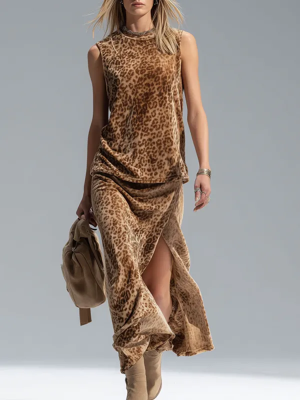 Leopard Print Crew Neck Sleeveless Vest And Split-hem Velvet Skirt Set sold by Oyrosy