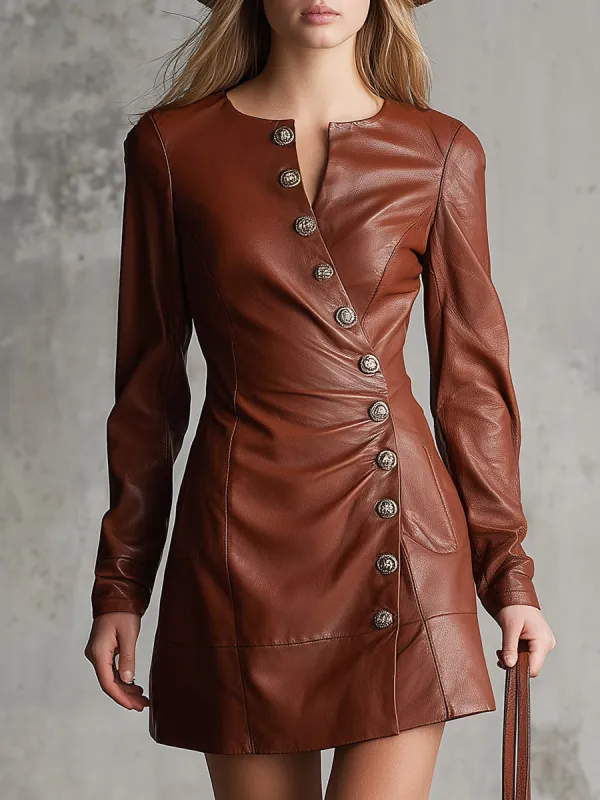 Elegant Brown Faux Leather Mini Dress With Button Closure. sold by Oyrosy