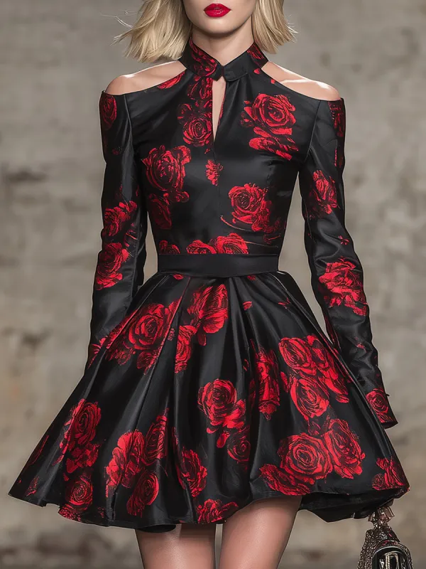 Elegant Black  With Red Rose Pattern And Cutout Neckline Mini Dress sold by Oyrosy