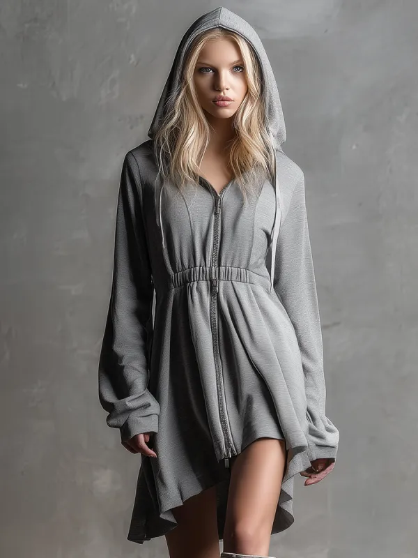 Casual And Stylish Zipper Gray Hooded Mini Dress sold by Oyrosy