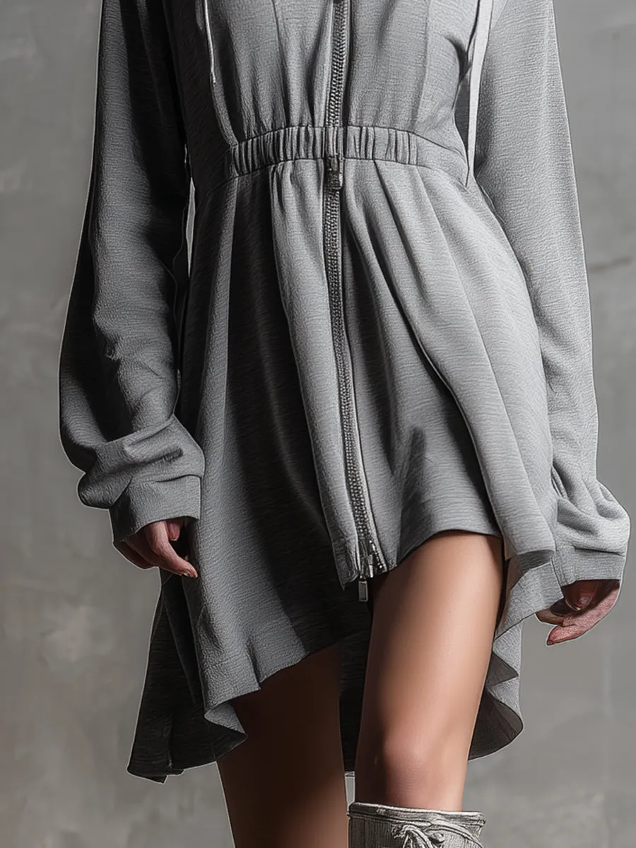 Casual And Stylish Zipper Gray Hooded Mini Dress sold by Oyrosy product image thumbnail 4