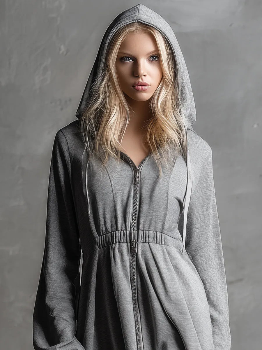 Casual And Stylish Zipper Gray Hooded Mini Dress sold by Oyrosy product image thumbnail 3