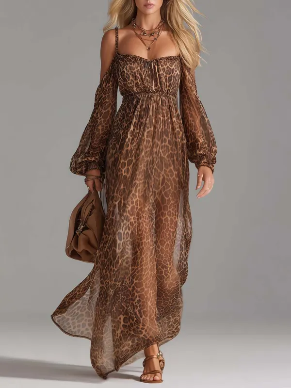 Vintage Elegant Flowing Off-shoulder Long-sleeved Strappy Brown Leopard Print Chiffon Maxi Dress sold by Oyrosy