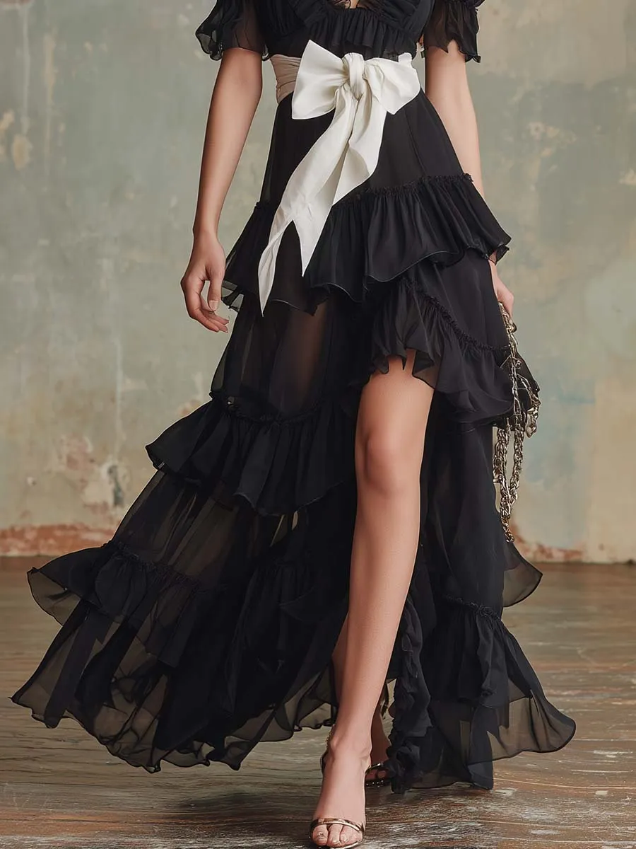 Elegant Vintage V-neck Short-sleeved Layered Ruffle Hem Black Chiffon Slit Maxi Dress sold by Oyrosy product image thumbnail 3