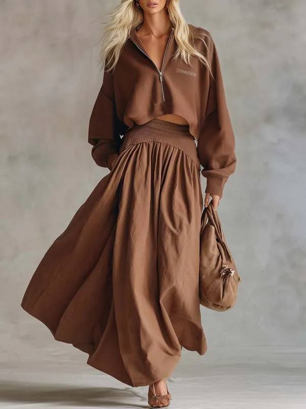 Elegant Retro Sporty Lapel Front Zipper Brown Cotton Sweatshirt And A-line Long Skirt Set sold by Oyrosy