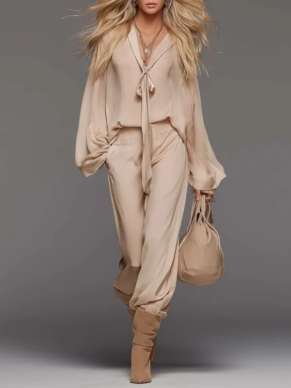 Elegant Flowing Versatile Tie-front V-neck Flared Sleeves Beige Chiffon Blouse And Pants Set made by Oyrosy