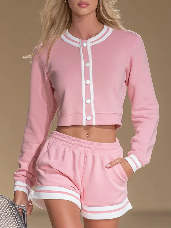 Casual Round-neck Button-up Short Jacket And Shorts Set made by Oyrosy