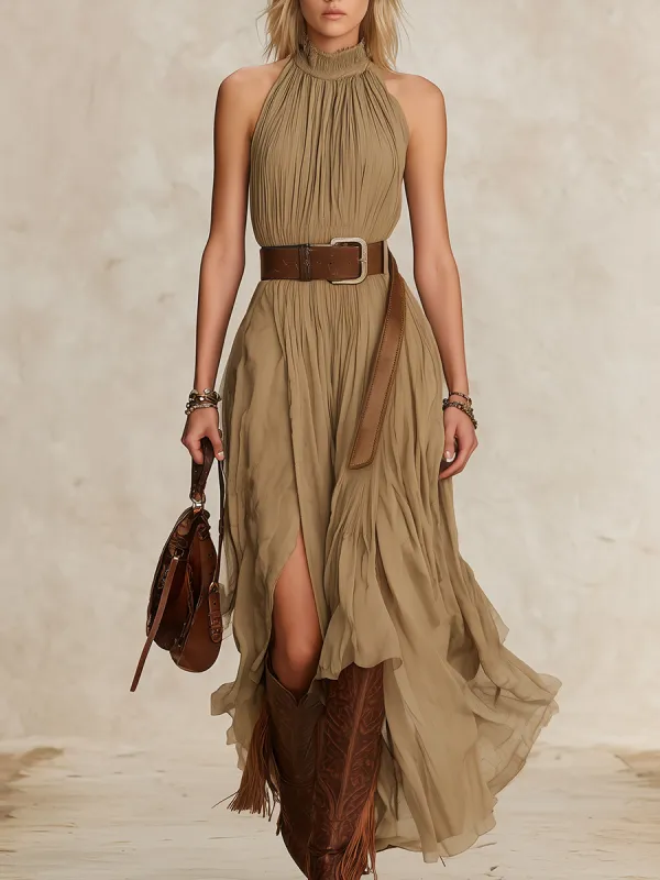 Vintage-style Halter-neck Sleeveless Chiffon Long Dress sold by Oyrosy