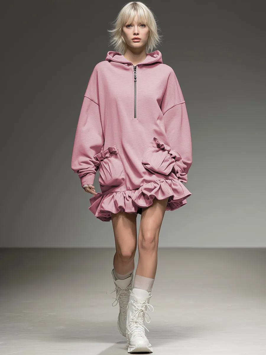 Casual Sporty Light Pink Hooded Loose Ruffle Mini Dress sold by Oyrosy product image thumbnail 2