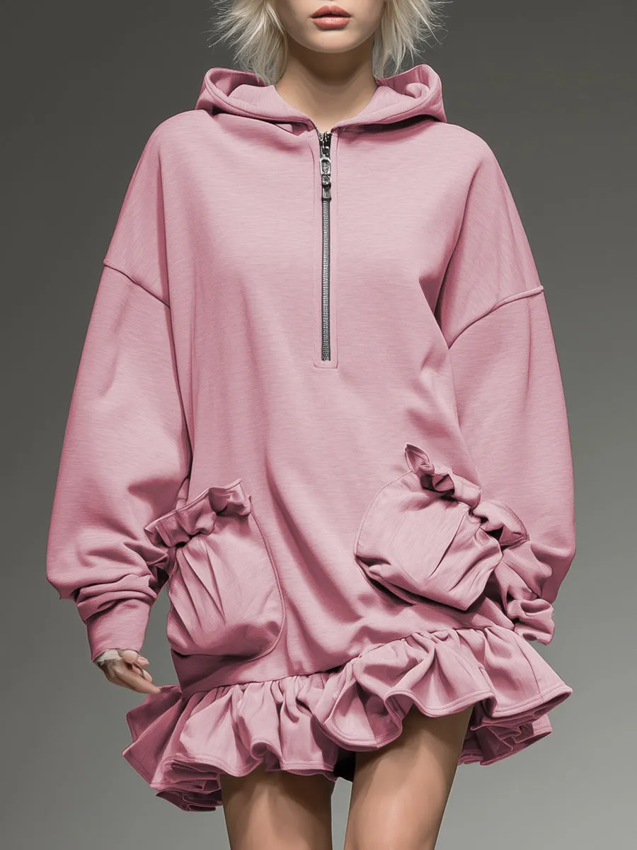 Casual Sporty Light Pink Hooded Loose Ruffle Mini Dress sold by Oyrosy