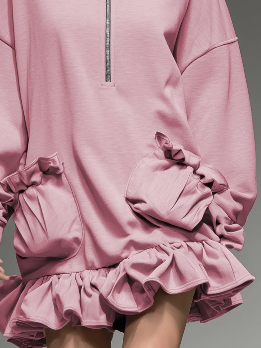 Casual Sporty Light Pink Hooded Loose Ruffle Mini Dress sold by Oyrosy product image thumbnail 4