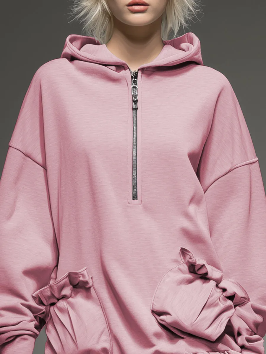 Casual Sporty Light Pink Hooded Loose Ruffle Mini Dress sold by Oyrosy product image thumbnail 3