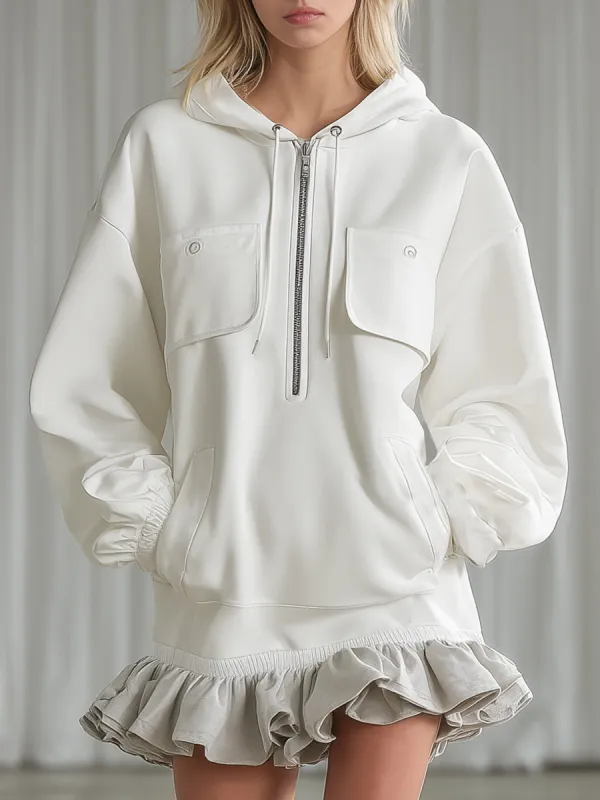 Casual And Stylish Beige-grey Ruffled White Hooded Sporty Mini Dress sold by Oyrosy