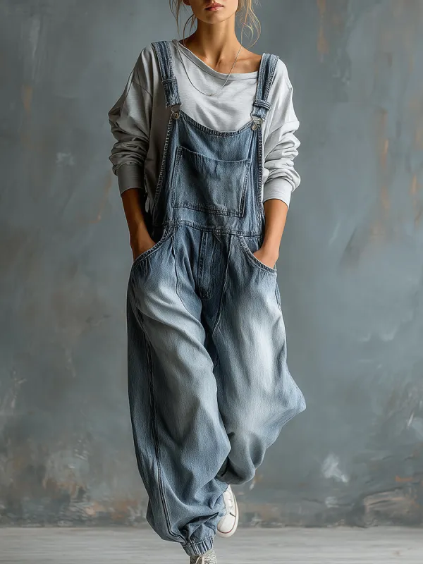 Casual Retro Washed Denim Blue Pocket Overalls sold by Oyrosy