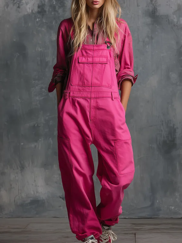 Casual And Stylish Multi-pocket Rose Pink Washed Cotton Overalls sold by Oyrosy