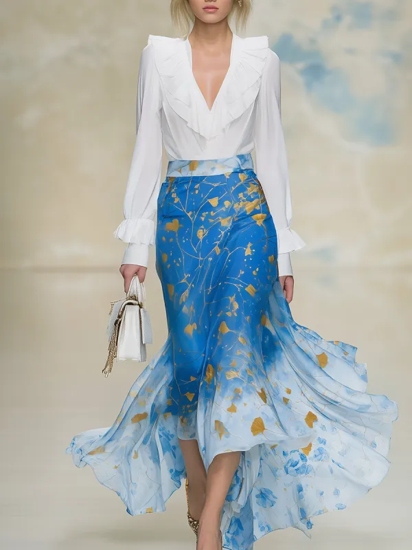 Lazy Yet Elegant Long-sleeved Top With Ruffled Details And Matching Skirt Set sold by Oyrosy