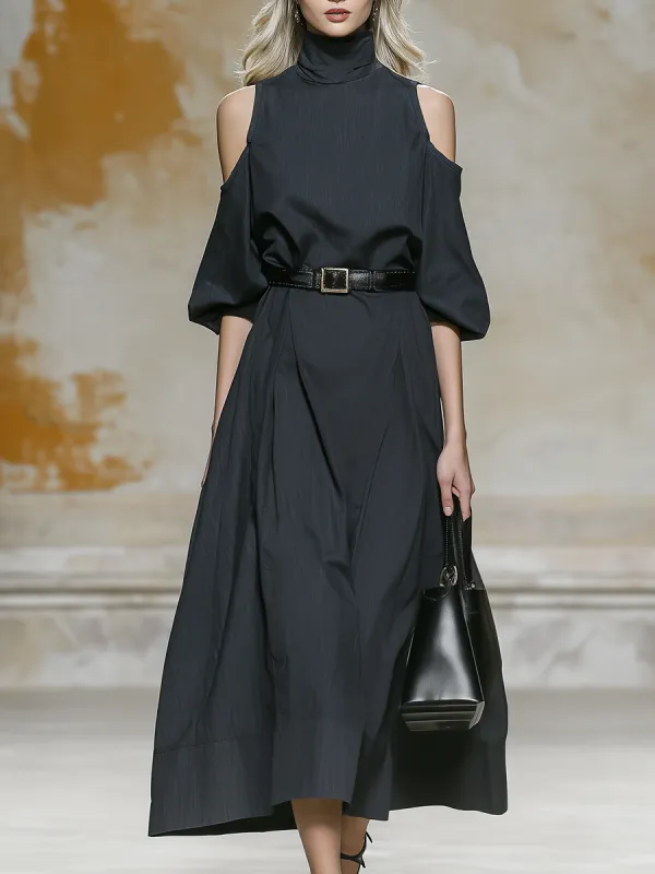 Stylish High-neck Off-the-shoulder A-line Midi Dress made by Oyrosy