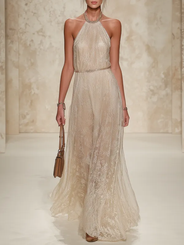 Elegant And Stylish Halter-neck Lace Long Dress sold by Oyrosy
