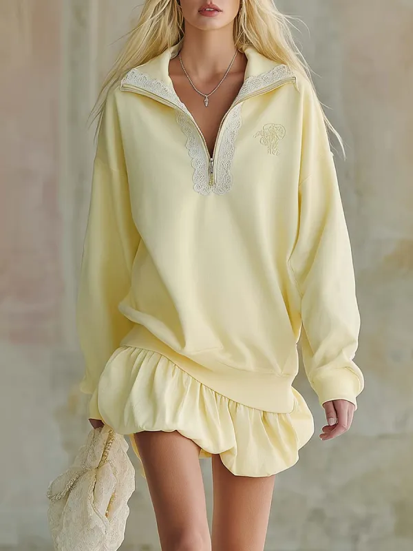 Elegant Fashion Lapel Front Zipper Bubble Hem Lace Trim Light Yellow Cotton Mini Dress sold by Oyrosy
