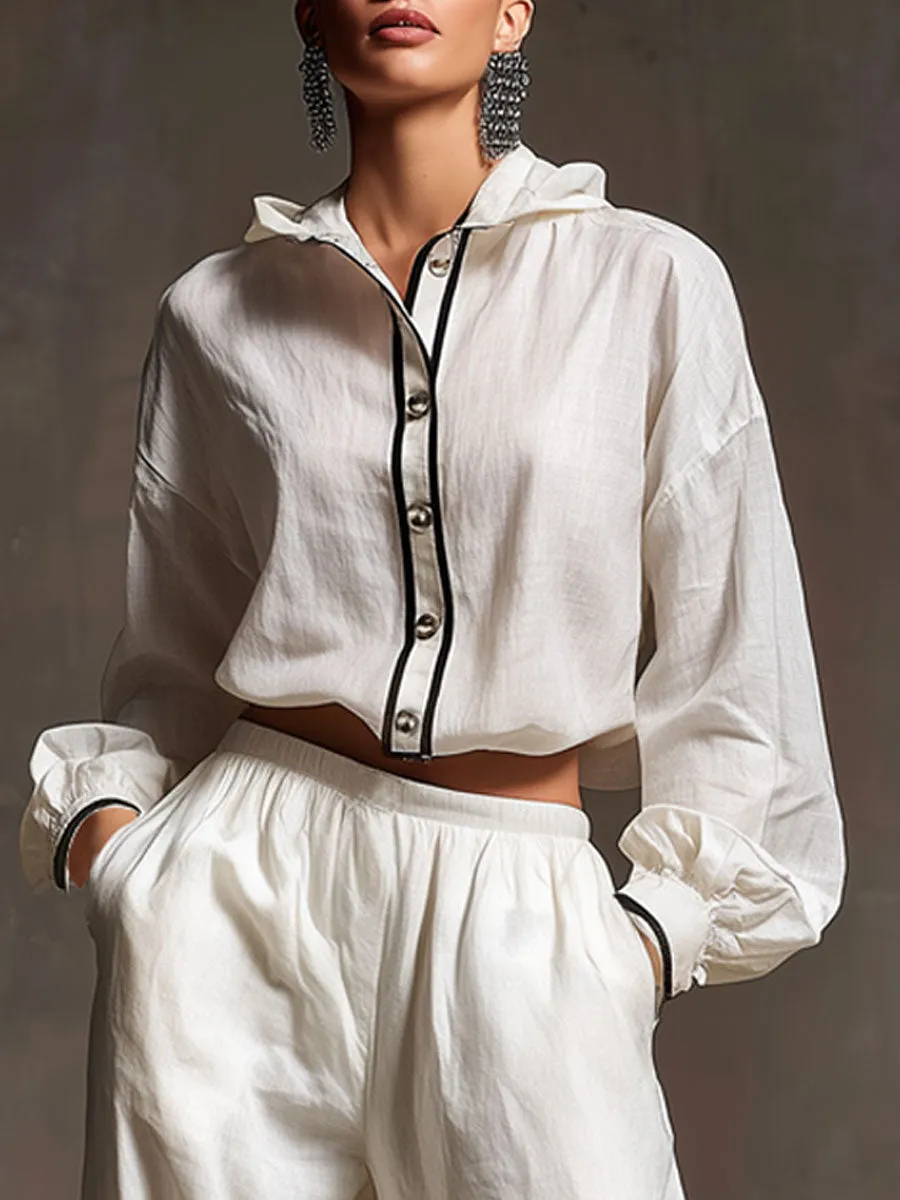 Casual Retro White Cotton And Linen Hooded Drawstring Top And Wide-leg Pants Set sold by Oyrosy product image thumbnail 3
