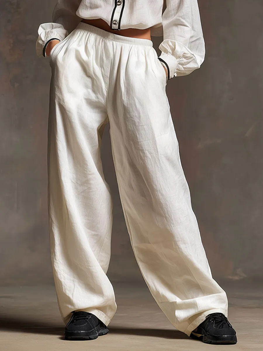 Casual Retro White Cotton And Linen Hooded Drawstring Top And Wide-leg Pants Set sold by Oyrosy product image thumbnail 4