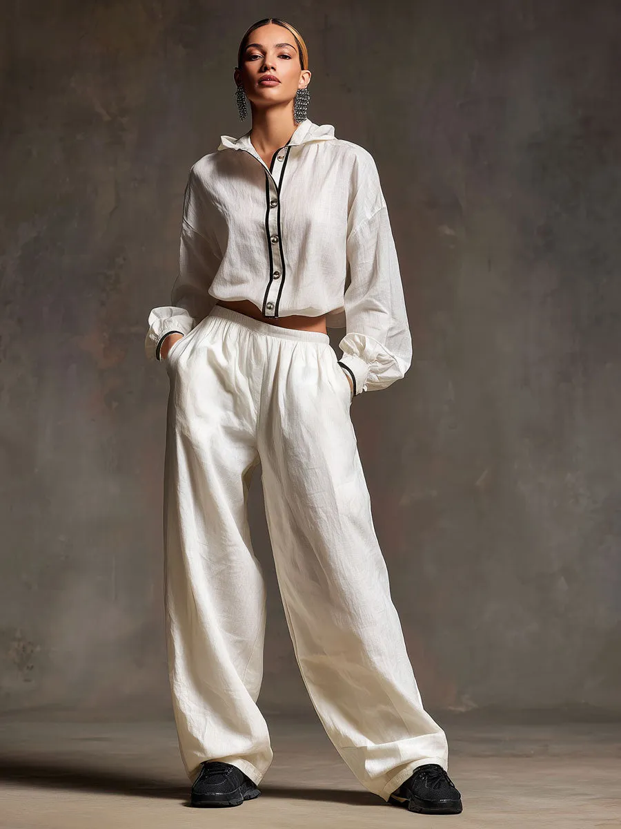 Casual Retro White Cotton And Linen Hooded Drawstring Top And Wide-leg Pants Set sold by Oyrosy product image thumbnail 2