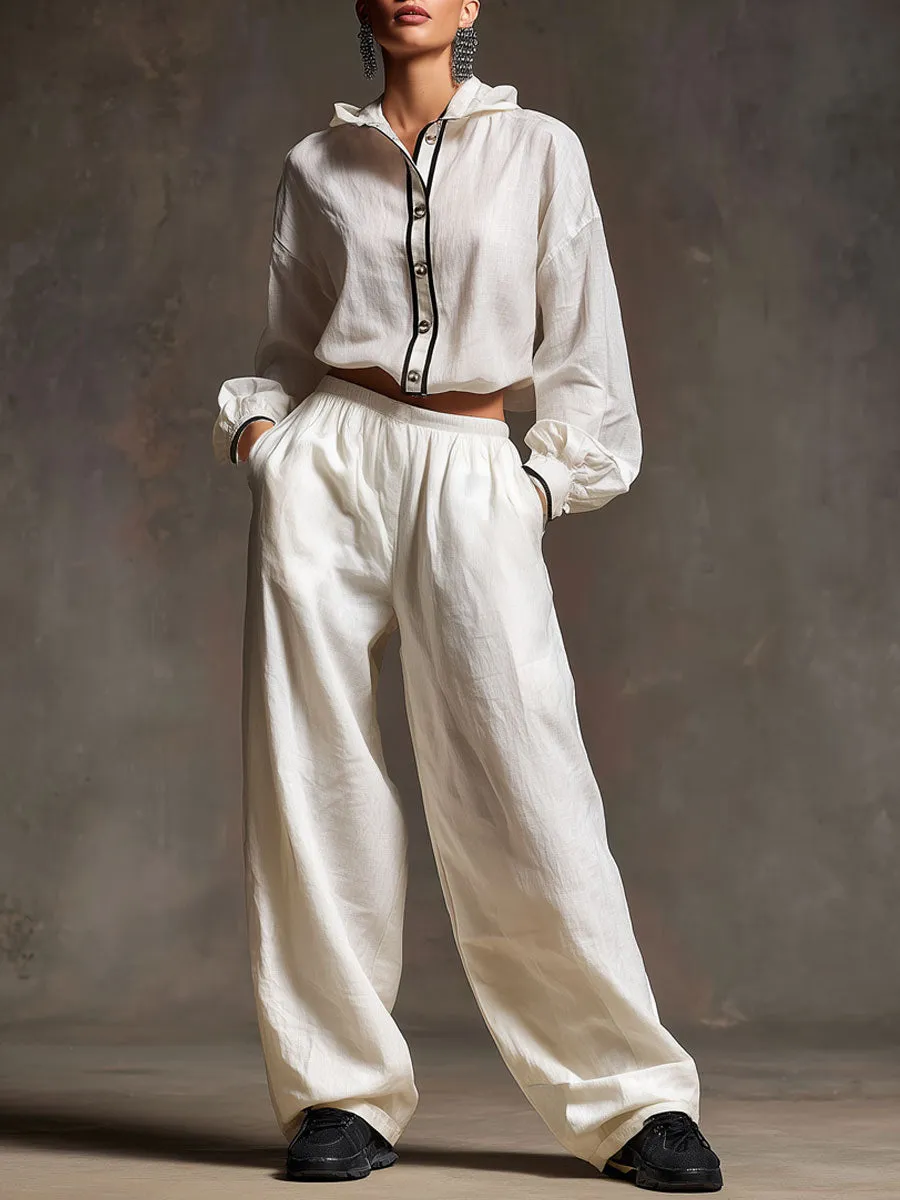 Casual Retro White Cotton And Linen Hooded Drawstring Top And Wide-leg Pants Set sold by Oyrosy