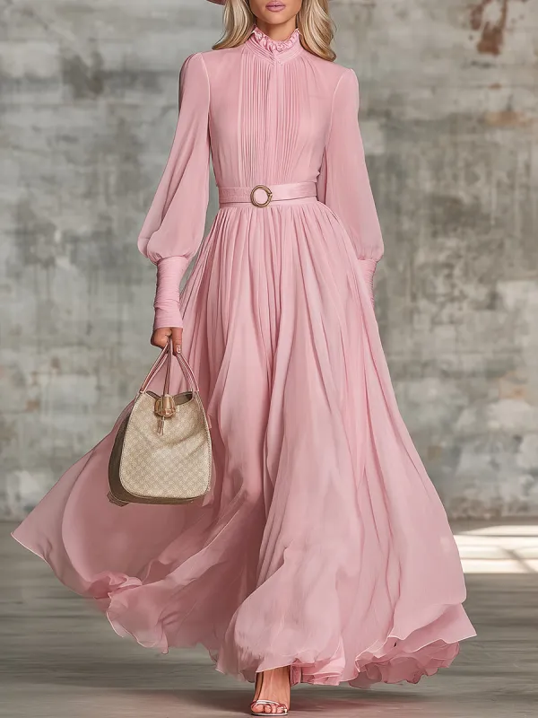 Elegant Pink Chiffon  With Ruffled Details And A Flowing Silhouette Maxi Dress sold by Oyrosy