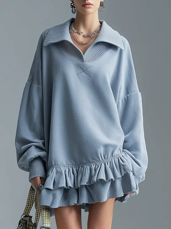 Stylish And Sporty Double-layered Ruffle Light Blue Sweatshirt Mini Dress sold by Oyrosy