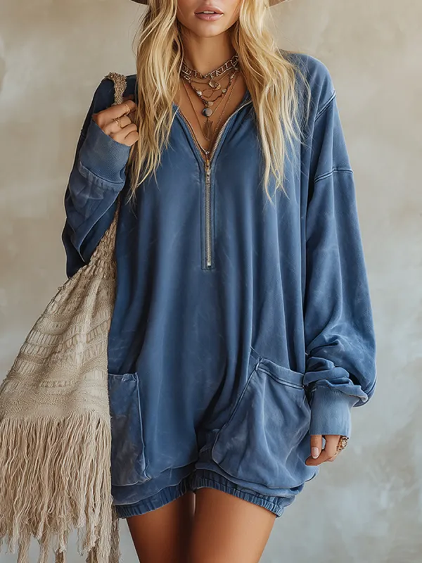 Vintage-style Distressed Blue Pocketed Athletic Shorts Jumpsuit sold by Oyrosy