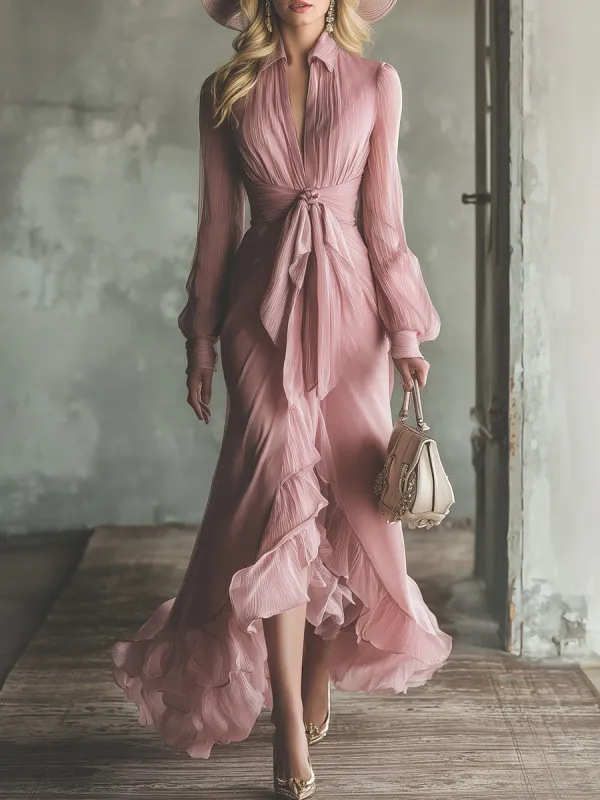 Elegant Pink Chiffon Patchwork With Bow Detail And Irregular Hem Maxi Dress made by Oyrosy