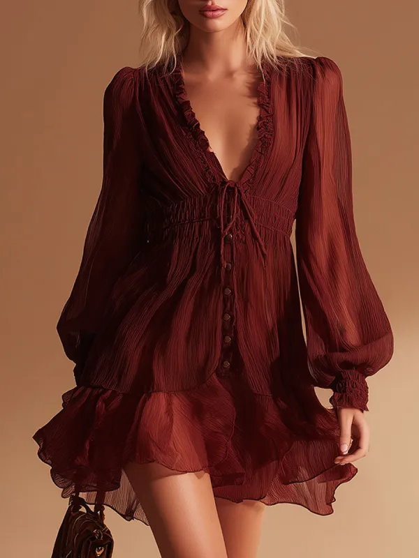 Stylish Retro Red V-neck Ruffled Chiffon Mini Dress made by Oyrosy