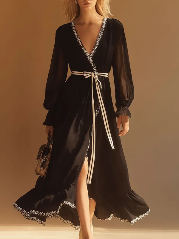 Stylish Vintage White Lace-trimmed Black V-neck Chiffon Midi Dress sold by Oyrosy