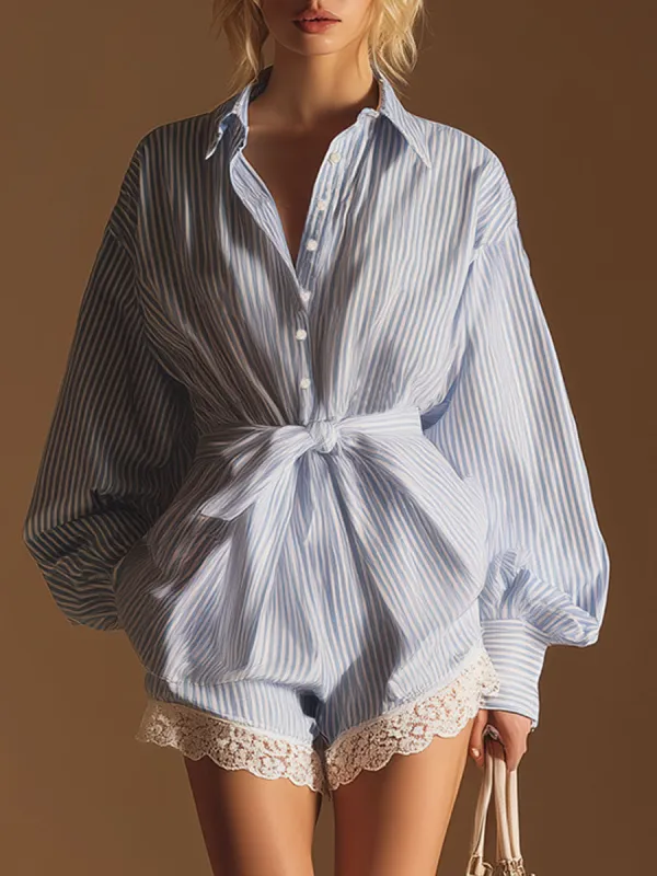 Stylish Urban-style Blue Striped Lapel Jumpsuit made by Oyrosy