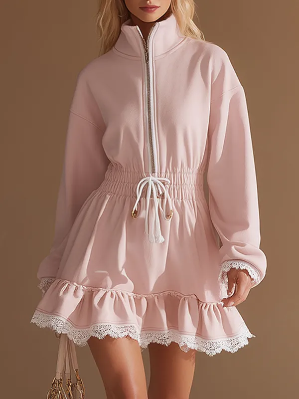 Sporty Retro-style White Lace And Pink Long-sleeved Mini Dress sold by Oyrosy