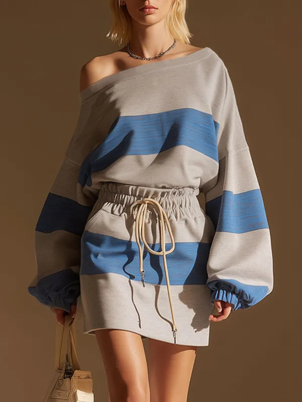 Sporty Retro-style One-shoulder Gray And Blue Color-blocked Striped Skirt Set made by Oyrosy