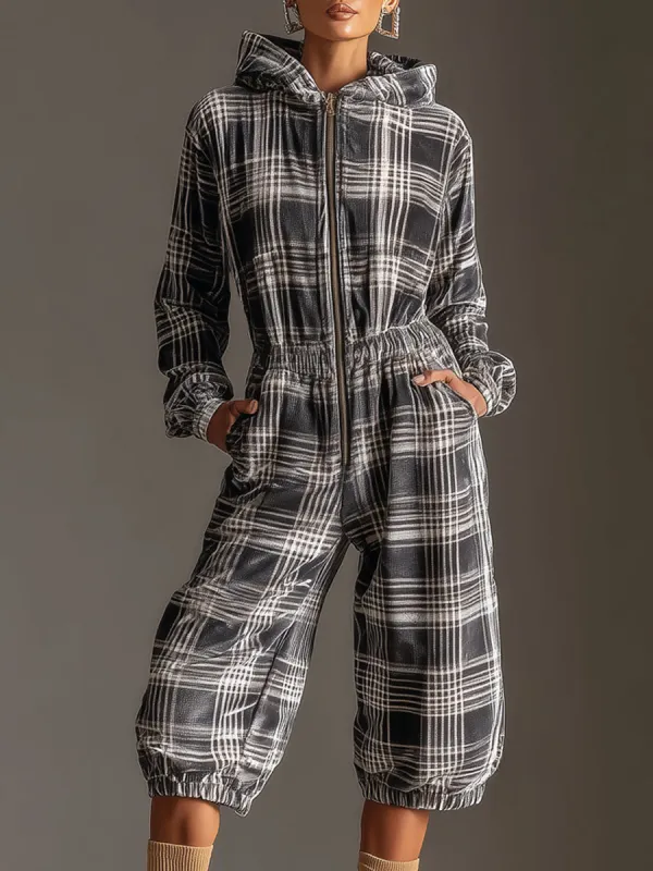Fashionable Sporty Retro Black And White Checkered Velvet Zip-up Hooded Jumpsuit sold by Oyrosy