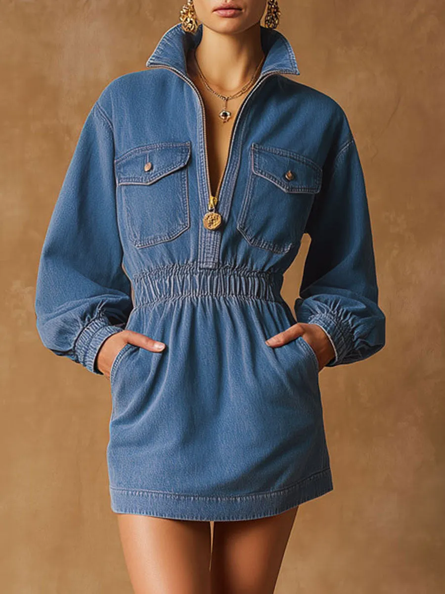Retro Half-zip Elastic Waist Blue Denim Long-sleeved Mini Dress sold by Oyrosy